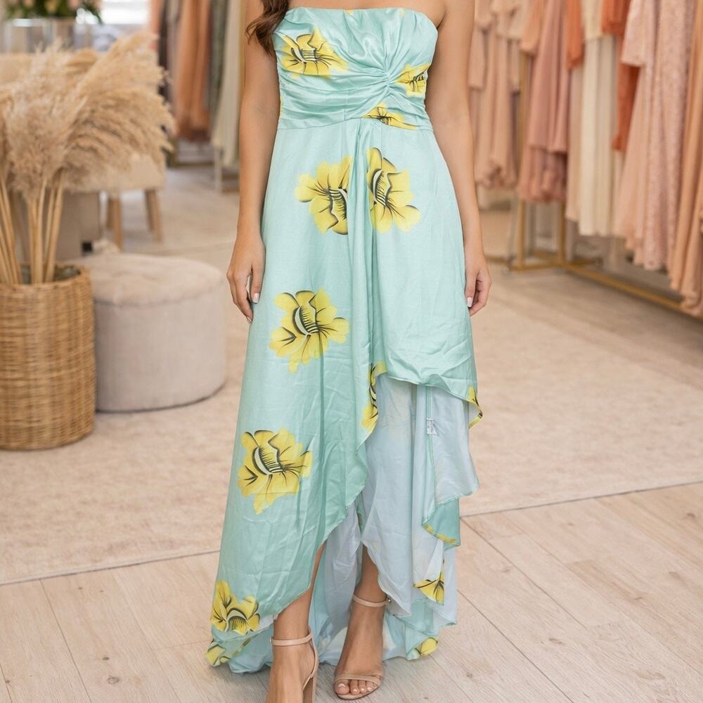Fehaute High Low Strapless Satin Maxi Dress Green Yellow Floral Size 4 NWT